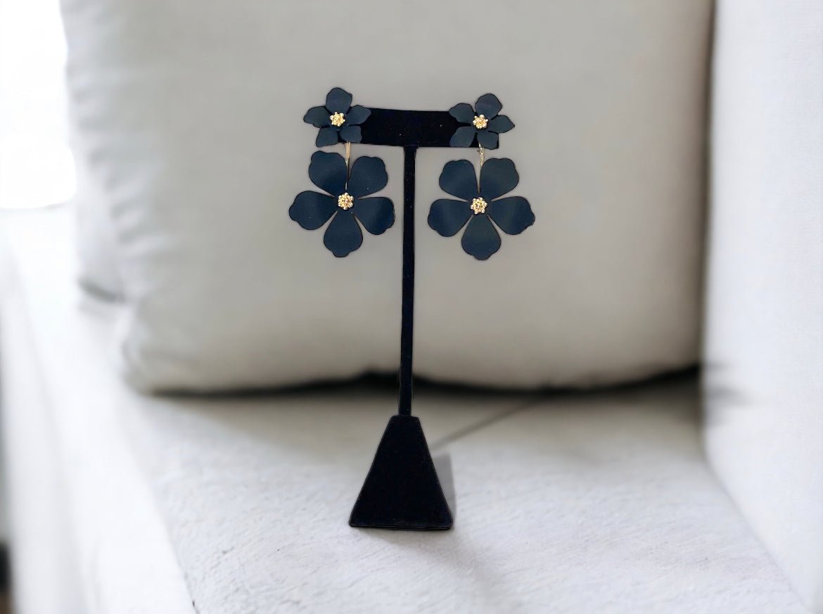 Black/Gold Tone Dangle Flower Blossom Earrings - Reed House of Jewels