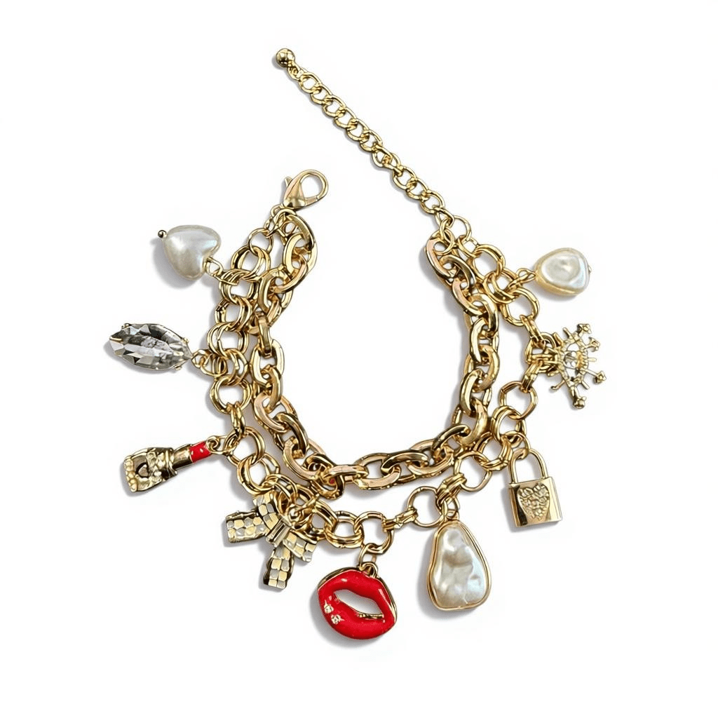 Gold Tone, Faux Pearl, Crystal, and Red Charm Bracelet - Reed House of Jewels