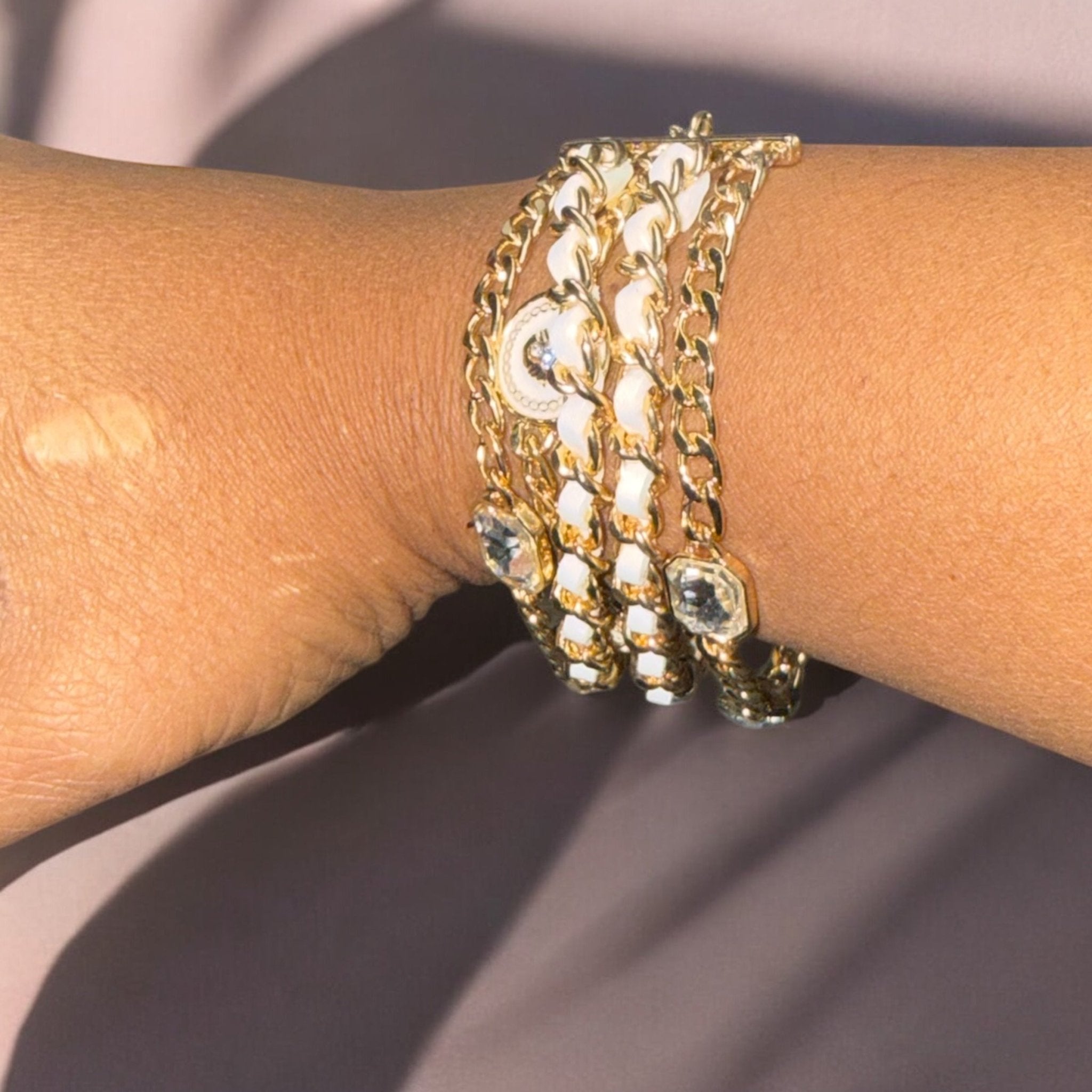 White Leather and Gold Mutli - Layer Bracelet - Reed House of Jewels