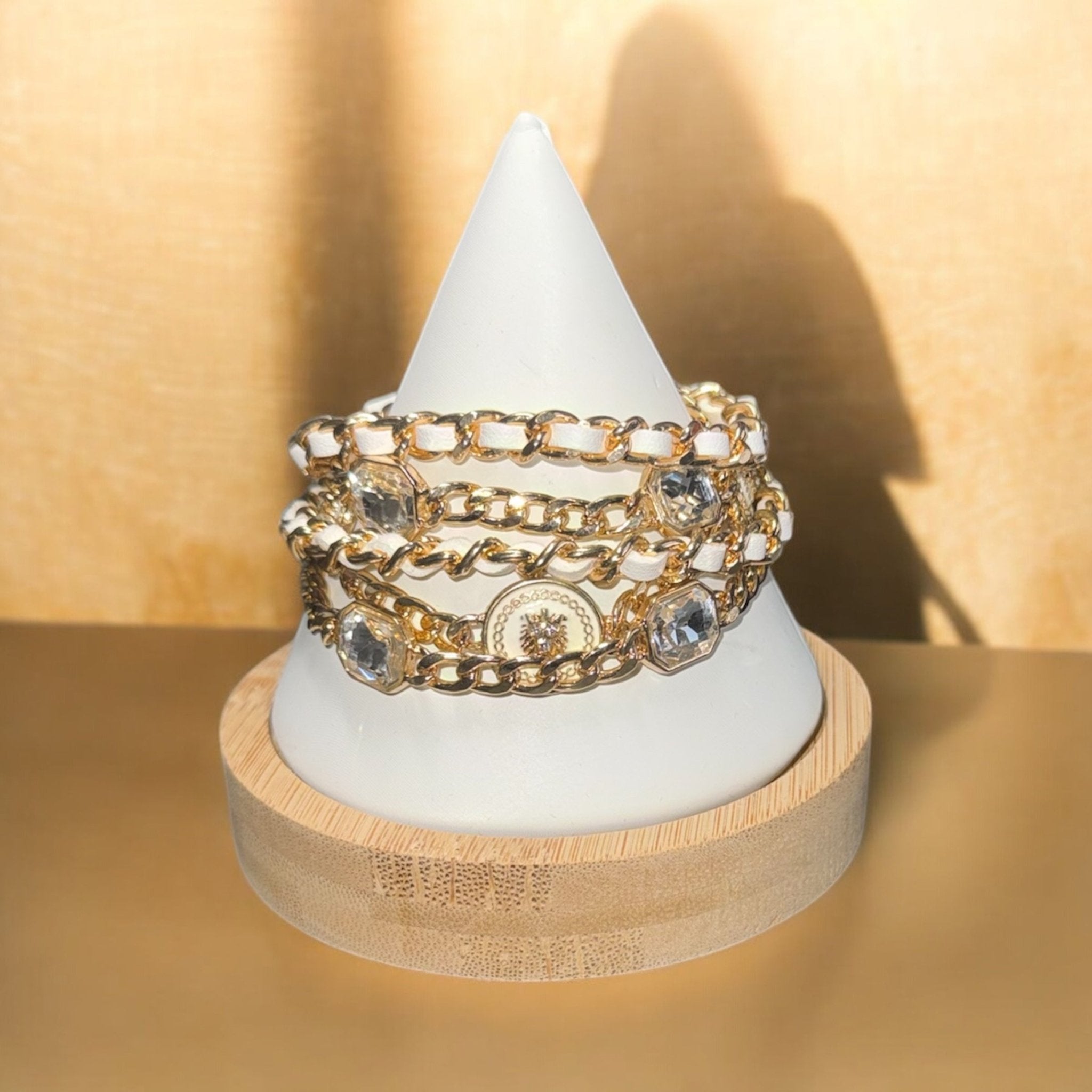 White Leather and Gold Mutli - Layer Bracelet - Reed House of Jewels