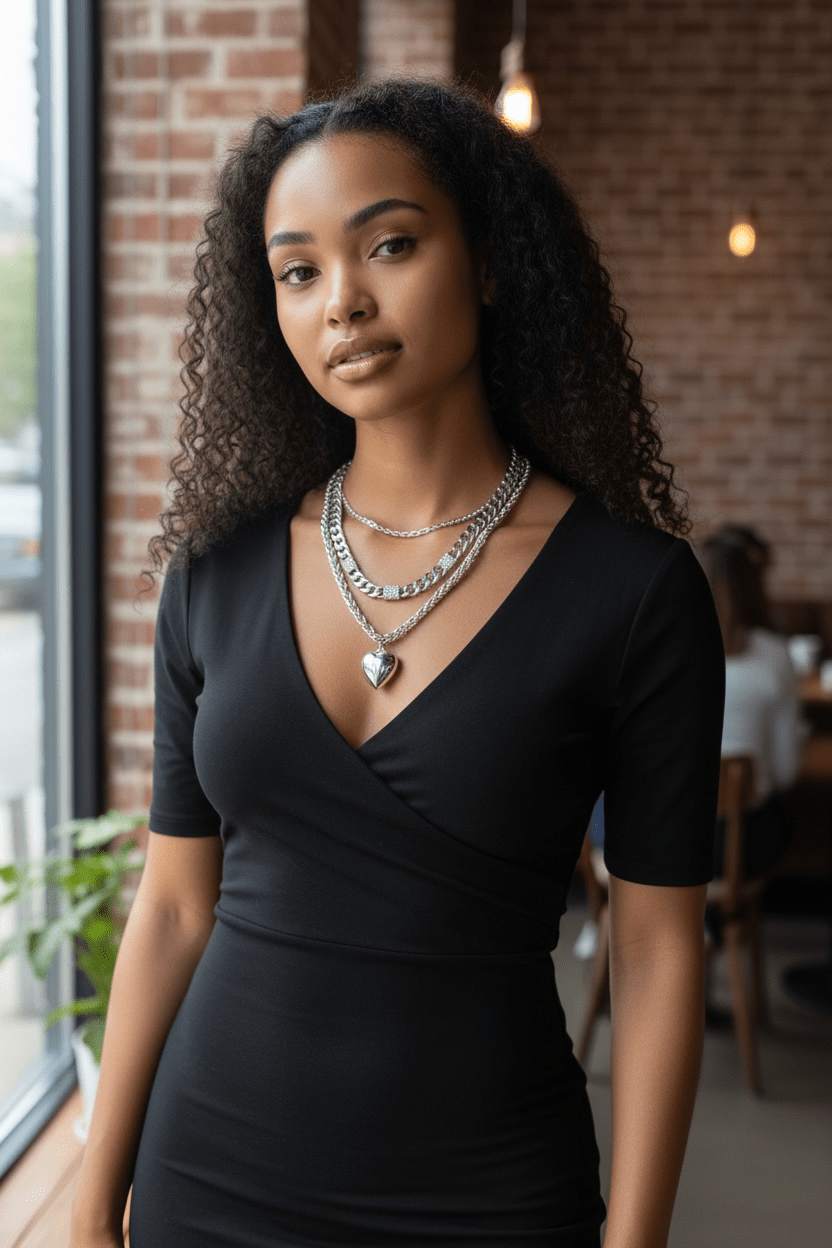 Silver Tone Multi - Layer Chain with Heart Pendant with Earrings Set - Reed House of Jewels