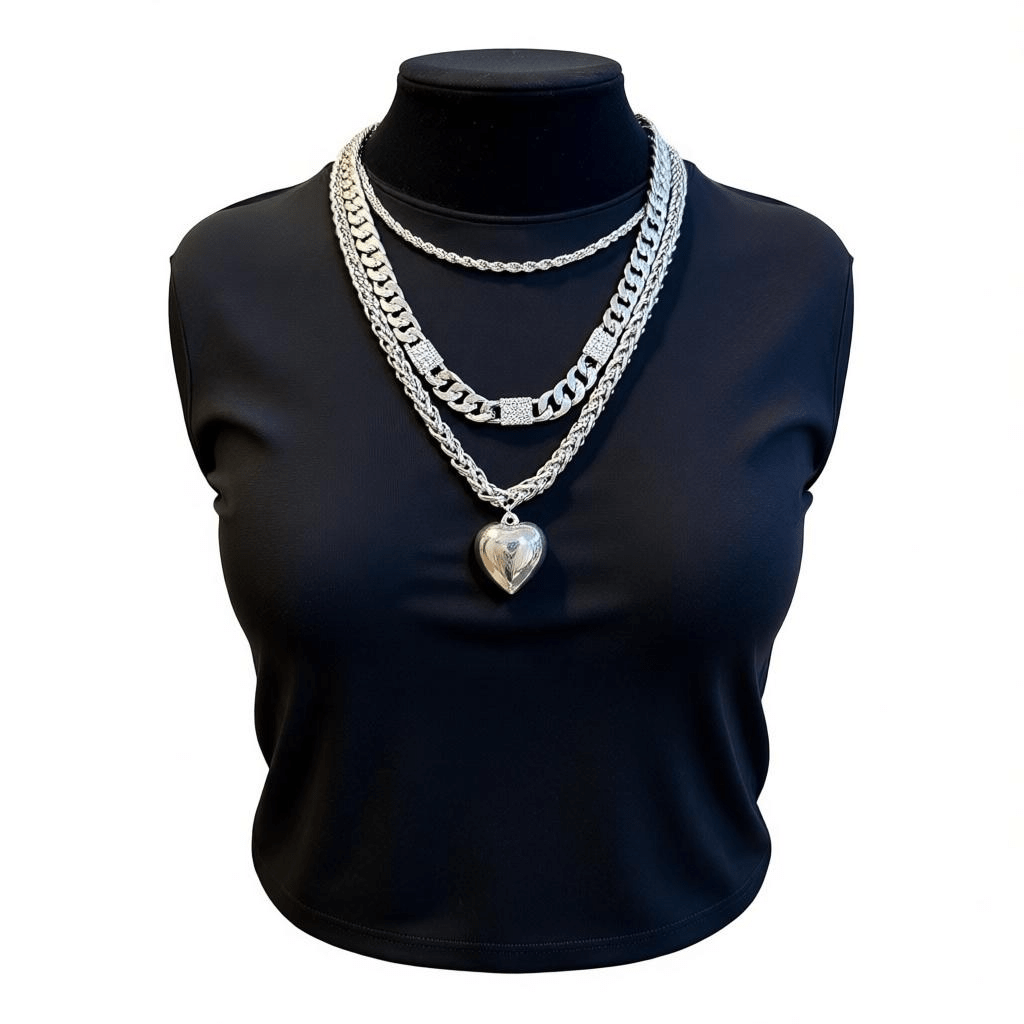 Silver Tone Multi - Layer Chain with Heart Pendant with Earrings Set - Reed House of Jewels