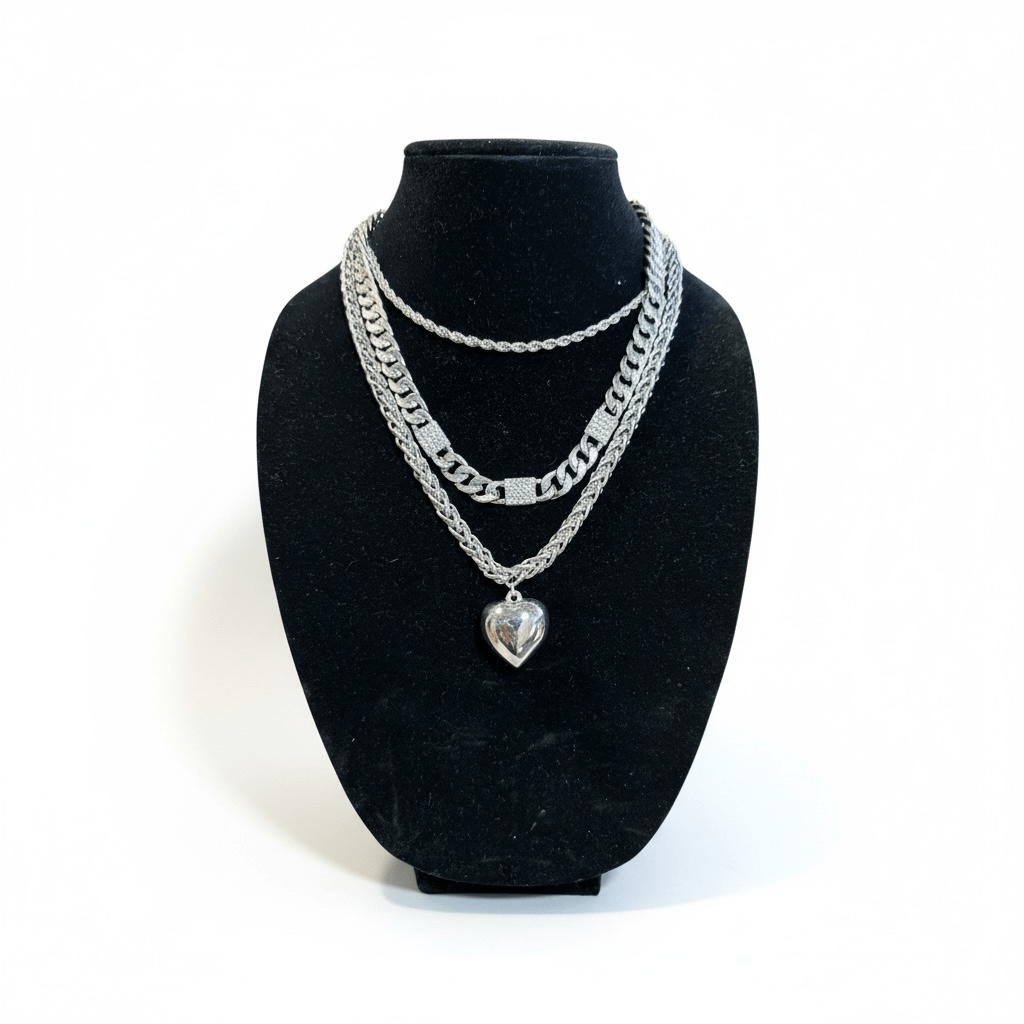 Silver Tone Multi - Layer Chain with Heart Pendant with Earrings Set - Reed House of Jewels