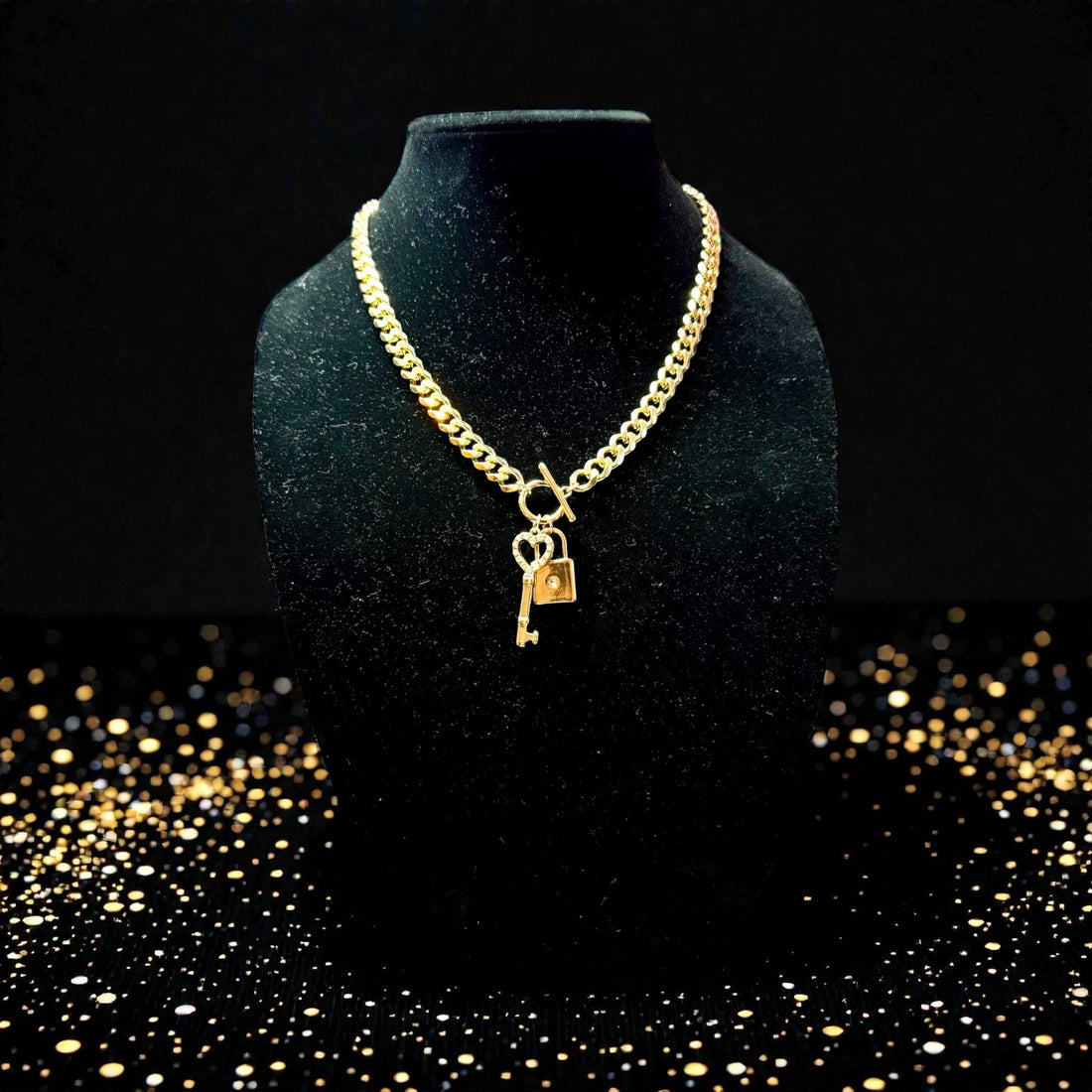 Gold Tone Cuban Link with Lock and Key Necklace and Huggie Earring Set - Reed House of Jewels