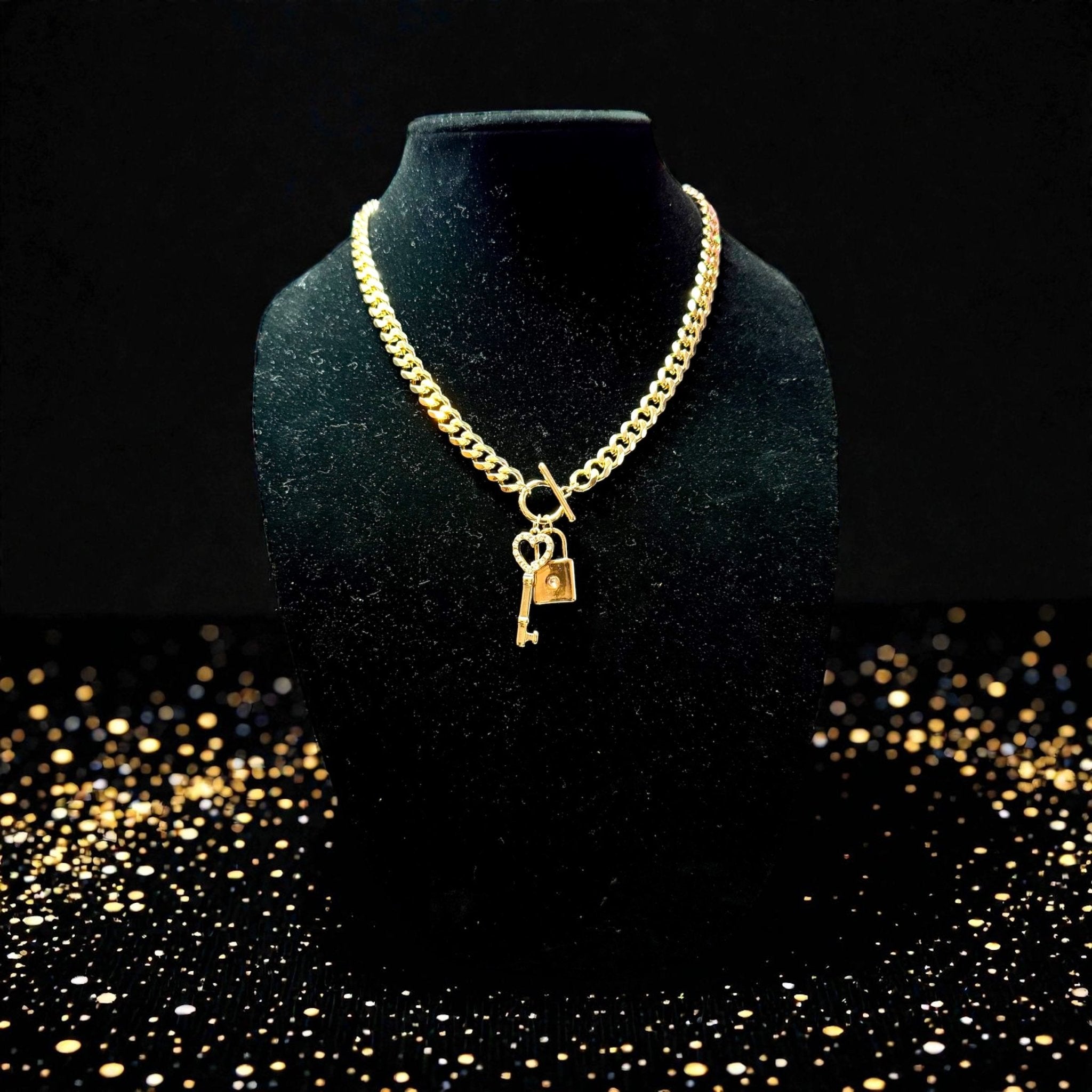 Gold Tone Cuban Link with Lock and Key Necklace and Huggie Earring Set - Reed House of Jewels