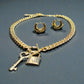 Gold Tone Cuban Link with Lock and Key Necklace and Huggie Earring Set - Reed House of Jewels