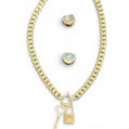 Gold Tone Cuban Link with Lock and Key Necklace and Huggie Earring Set - Reed House of Jewels