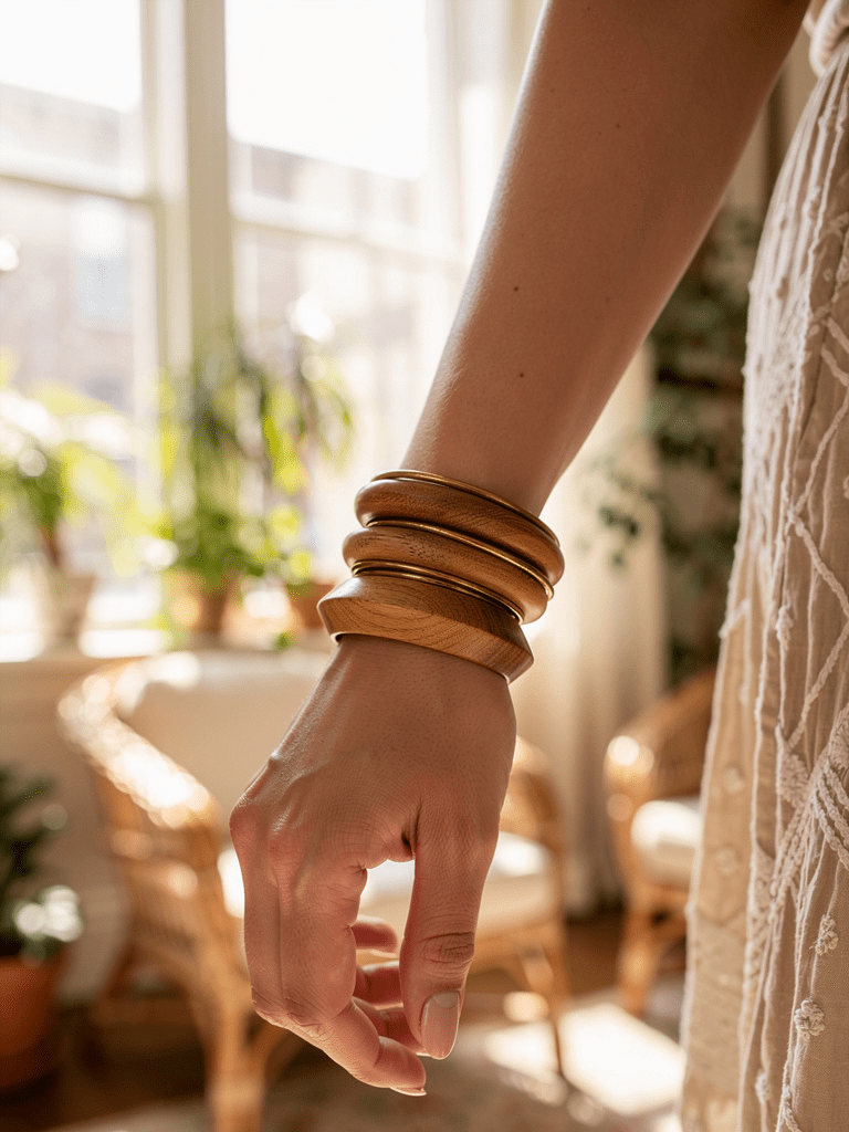 Wooden and Gold Tone Bangle Bracelet Set - Reed House of Jewels