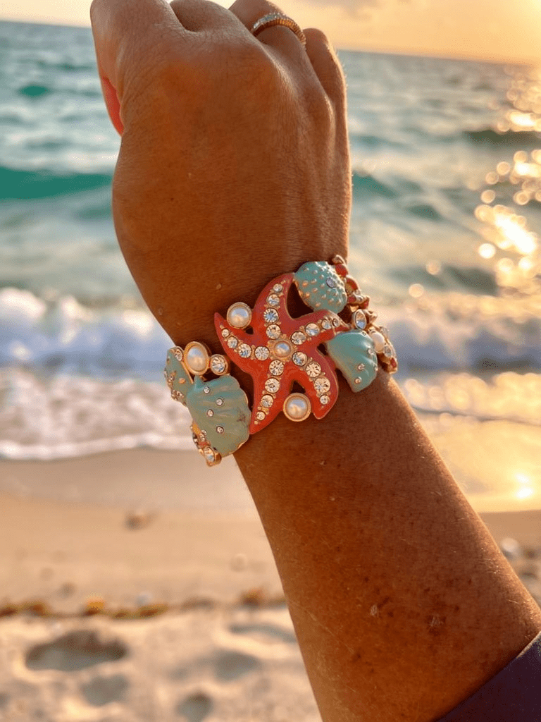 Beach Themed Crystal and Pearl Painted Cuff - Reed House of Jewels