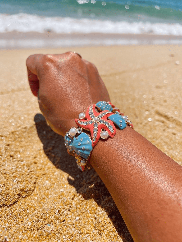 Beach Themed Crystal and Pearl Painted Cuff - Reed House of Jewels