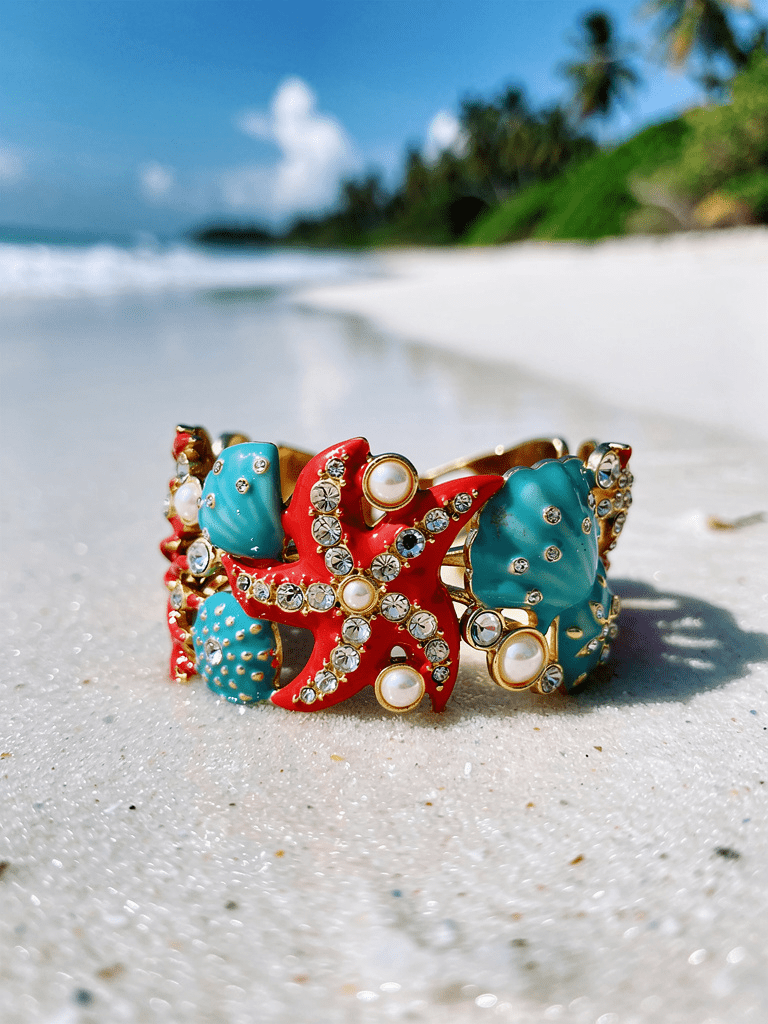 Beach Themed Crystal and Pearl Painted Cuff - Reed House of Jewels