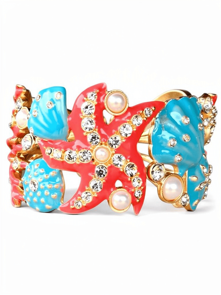 Beach Themed Crystal and Pearl Painted Cuff - Reed House of Jewels