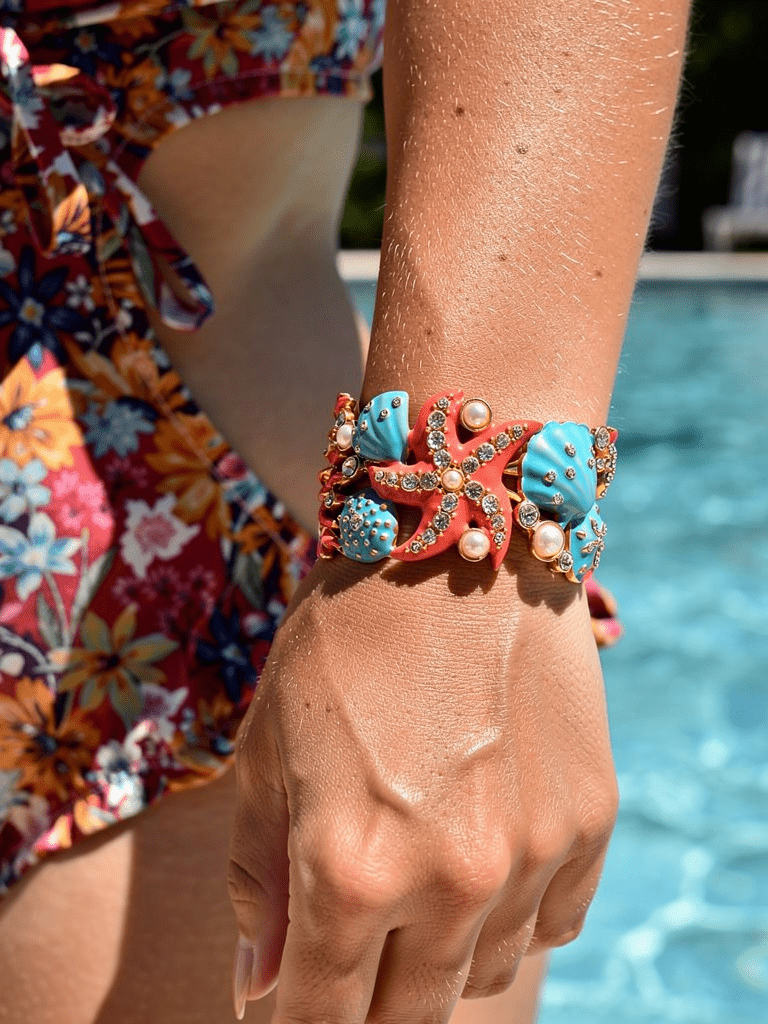 Beach Themed Crystal and Pearl Painted Cuff - Reed House of Jewels