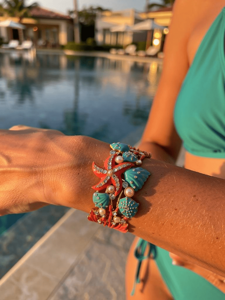 Beach Themed Crystal and Pearl Painted Cuff - Reed House of Jewels