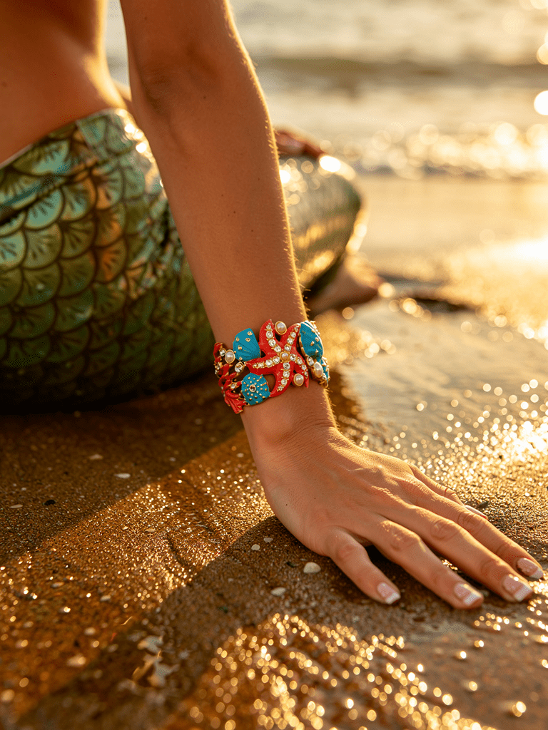 Beach Themed Crystal and Pearl Painted Cuff - Reed House of Jewels