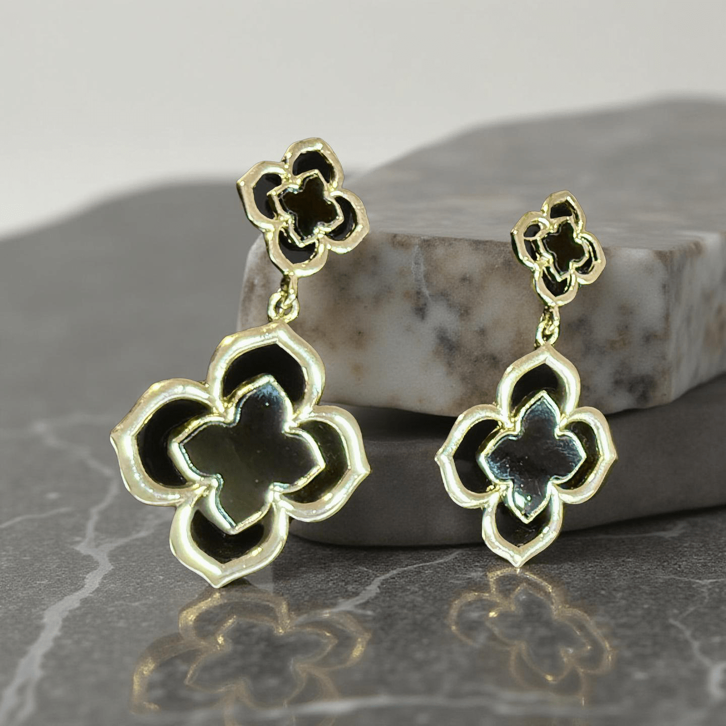 Gold Tone Black Clover Dangle Earrings - Reed House of Jewels