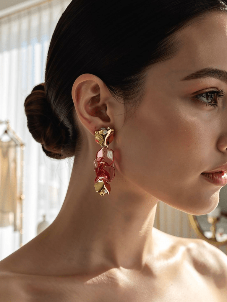 Dazzling Gold Tine and Pink Petal Statement Dangle Earrings - Reed House of Jewels