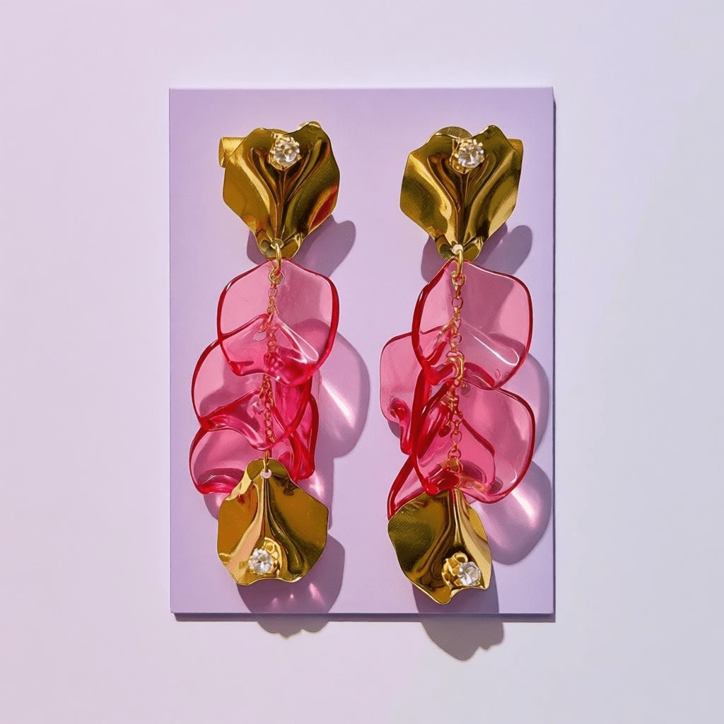 Dazzling Gold Tine and Pink Petal Statement Dangle Earrings - Reed House of Jewels