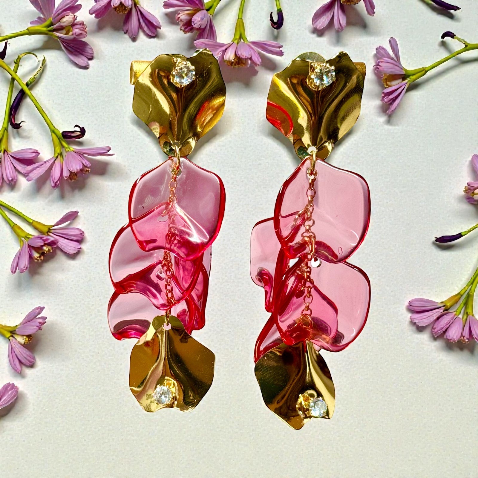 Dazzling Gold Tine and Pink Petal Statement Dangle Earrings - Reed House of Jewels