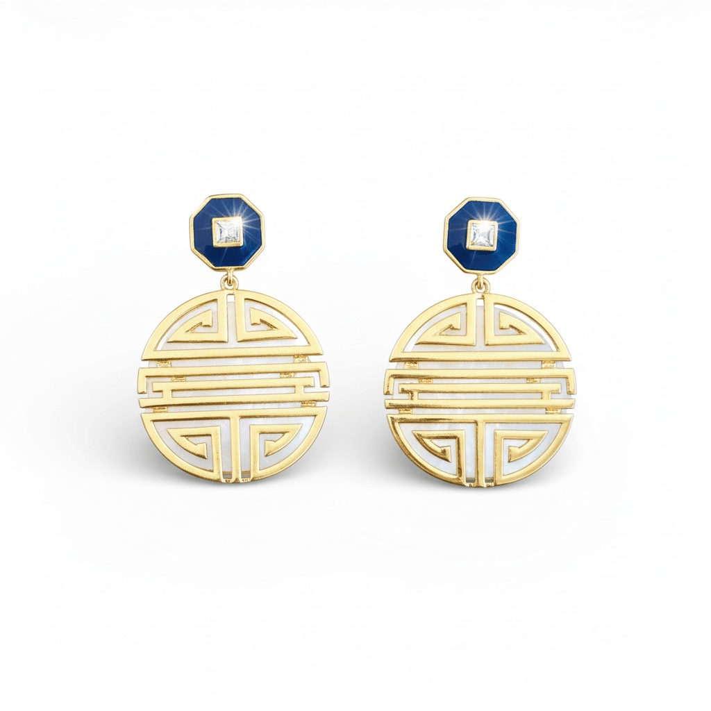 Gold Geometric Shou Pattern Double Drop Earrings - Reed House of Jewels