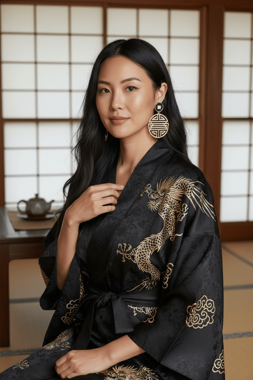 Gold Geometric Shou Pattern Double Drop Earrings - Reed House of Jewels