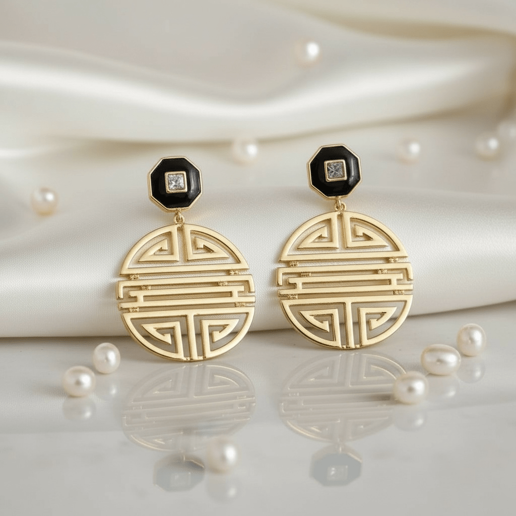 Gold Geometric Shou Pattern Double Drop Earrings - Reed House of Jewels