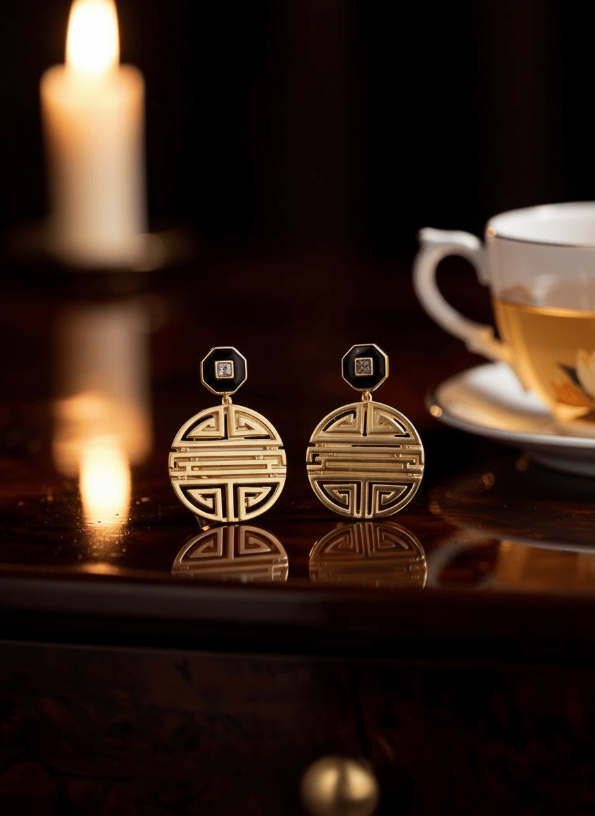 Gold Geometric Shou Pattern Double Drop Earrings - Reed House of Jewels