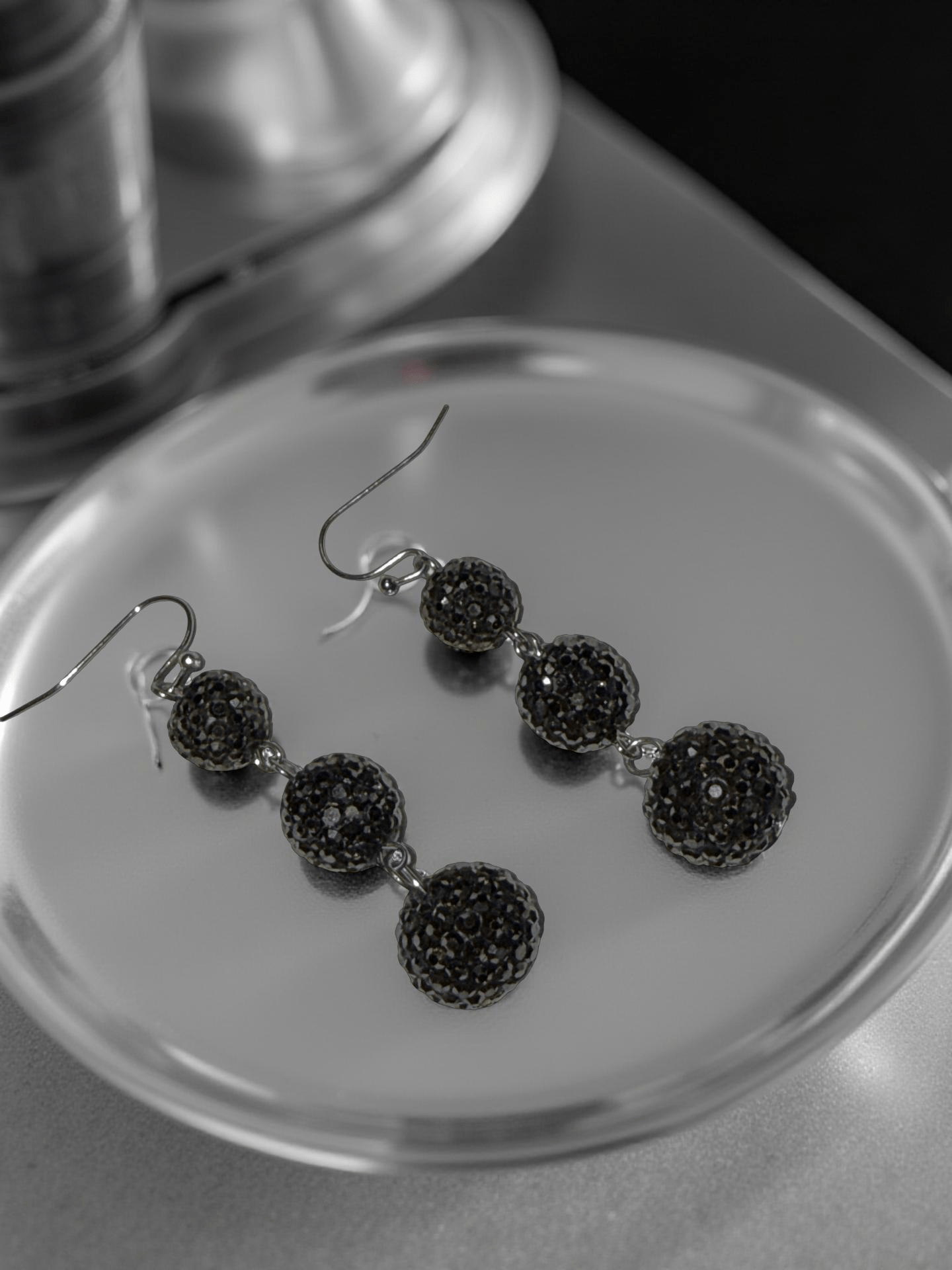 Graphite Shambella Crystal Pace 3 - Tier Dangle Earrings - Reed House of Jewels