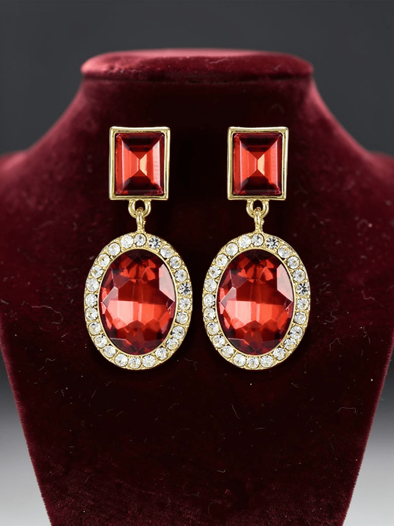 Red Halo Crystal Square and Oval Dangle Earrings - Reed House of Jewels