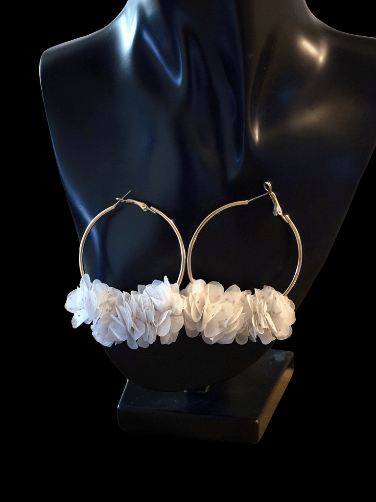White and Gold Fabric Ruffle Hoop Earrings - Reed House of Jewels