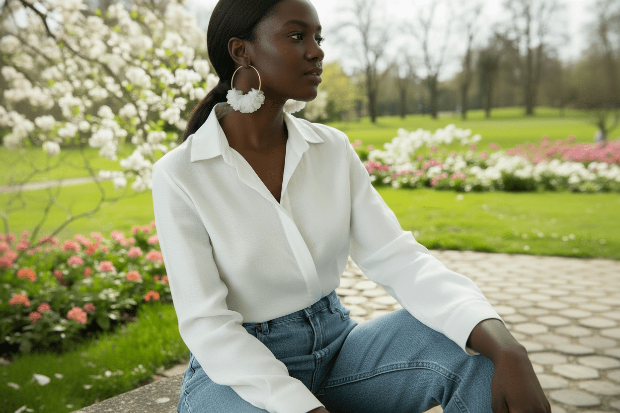 White and Gold Fabric Ruffle Hoop Earrings - Reed House of Jewels