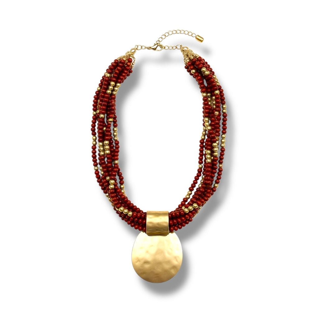 Brown and Gold Multi - Strand Torsade Beaded Pendant Necklace - Reed House of Jewels