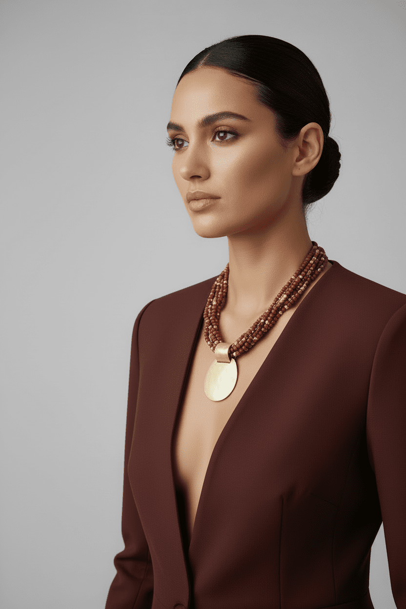 Brown and Gold Multi - Strand Torsade Beaded Pendant Necklace - Reed House of Jewels