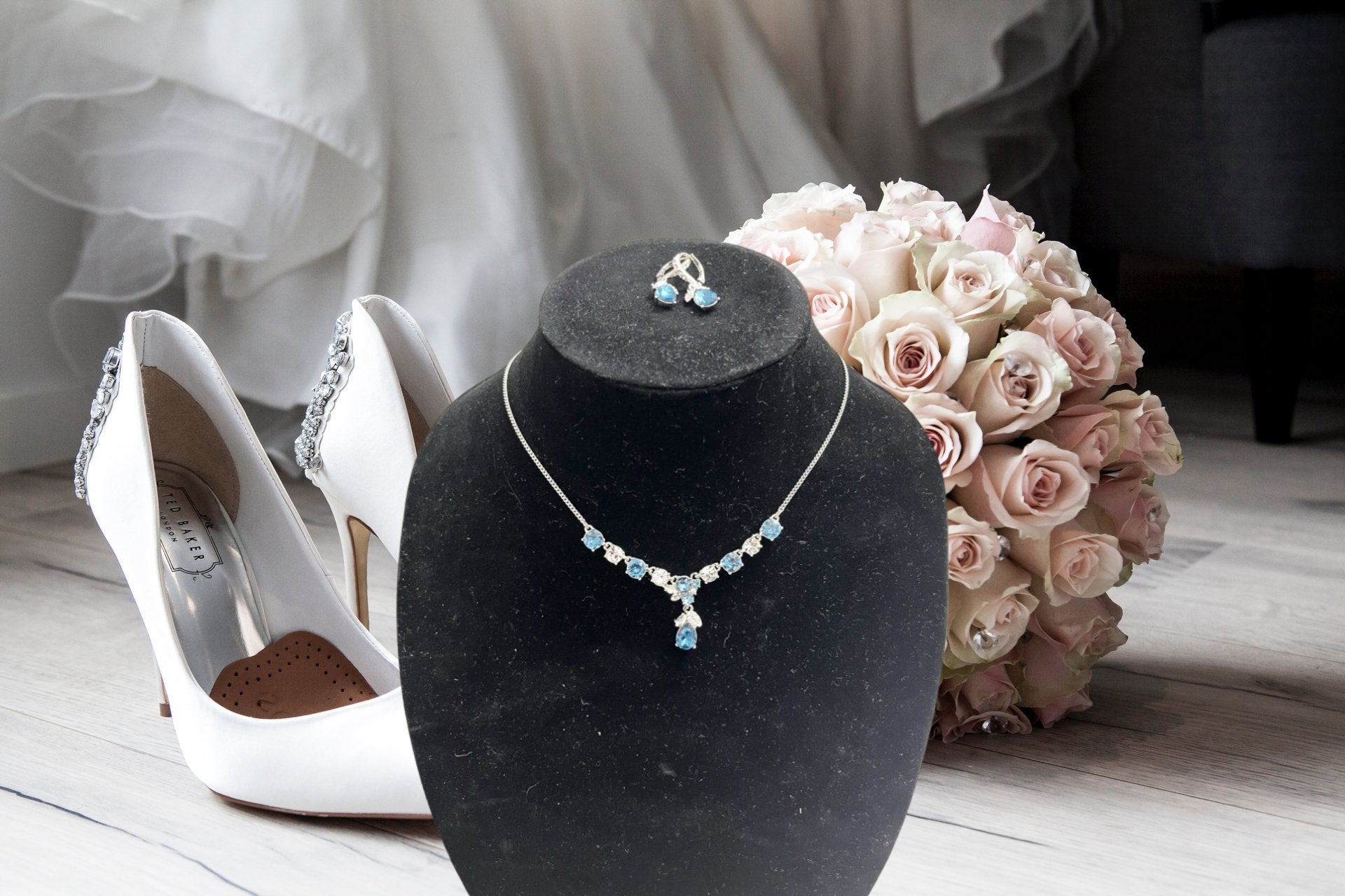Silver Tone Blue Stone and Crystal Statement Necklace & Matching Drop Earrings 2 - Piece Set - Reed House of Jewels