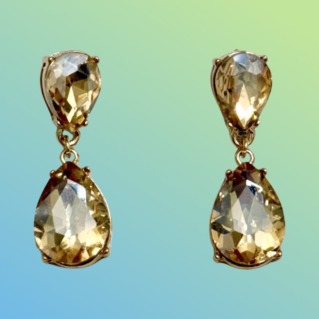 Gold Tone and Light Topaz Crystal Double Teardrop Post Earrings - Reed House of Jewels