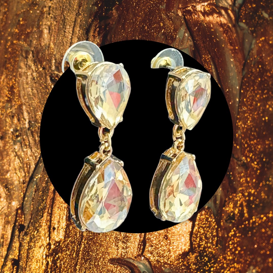 Gold Tone and Light Topaz Crystal Double Teardrop Post Earrings - Reed House of Jewels