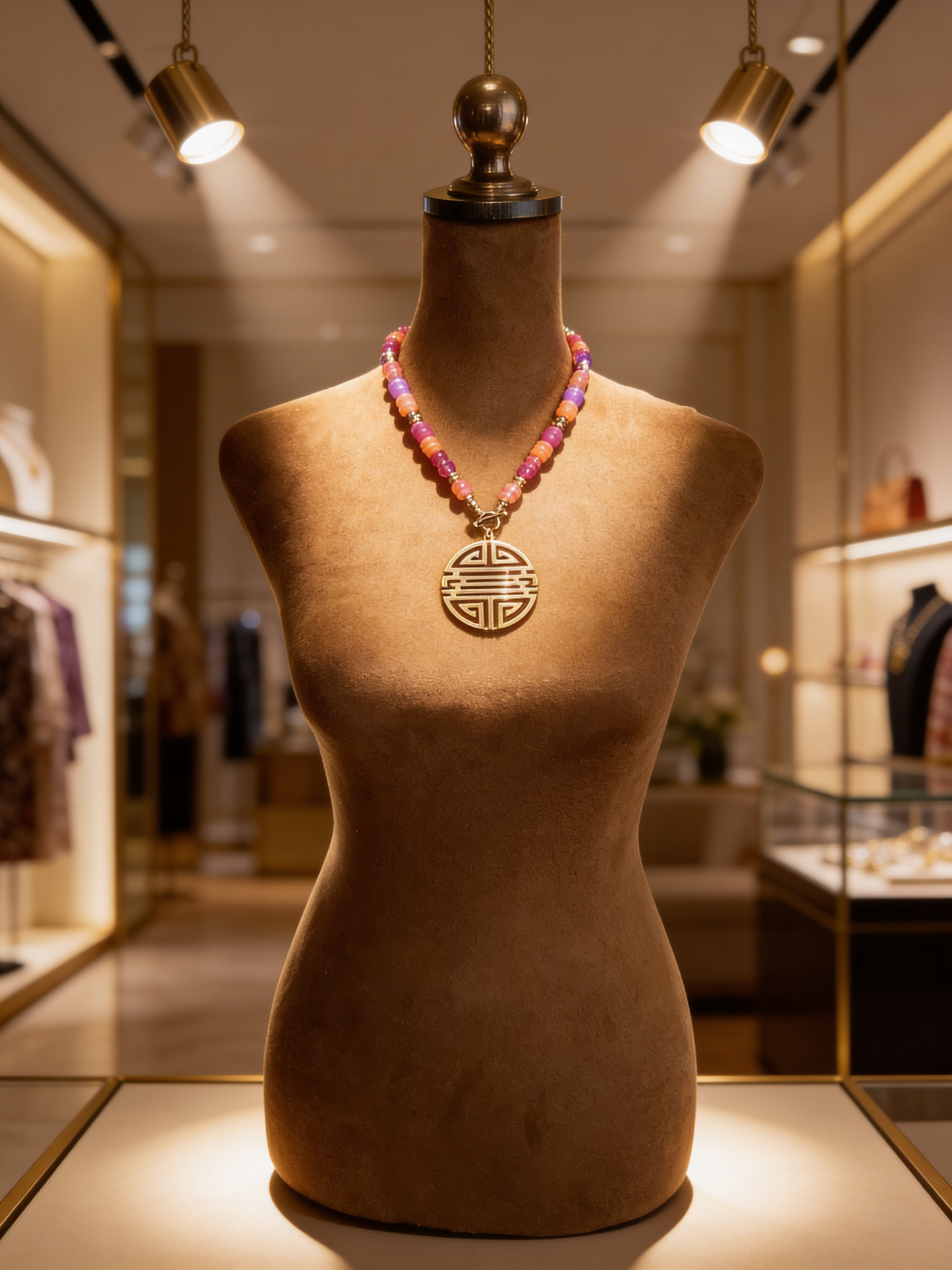 Beaded Geo-Link Shou Pendant Necklace