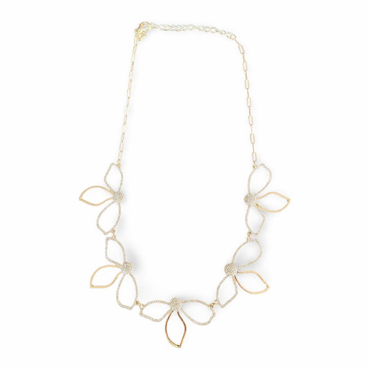 3 Leaf Floral Crystal and Gold Tone Paperclip Necklace - Reed House of Jewels