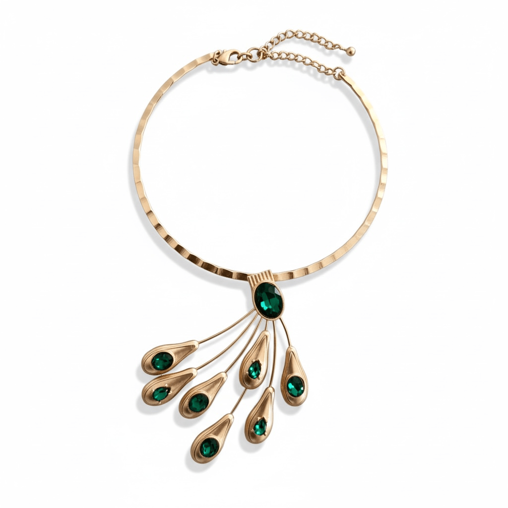 Matte Gold Tone and Green Gem Peacock Tail Necklace - Reed House of Jewels