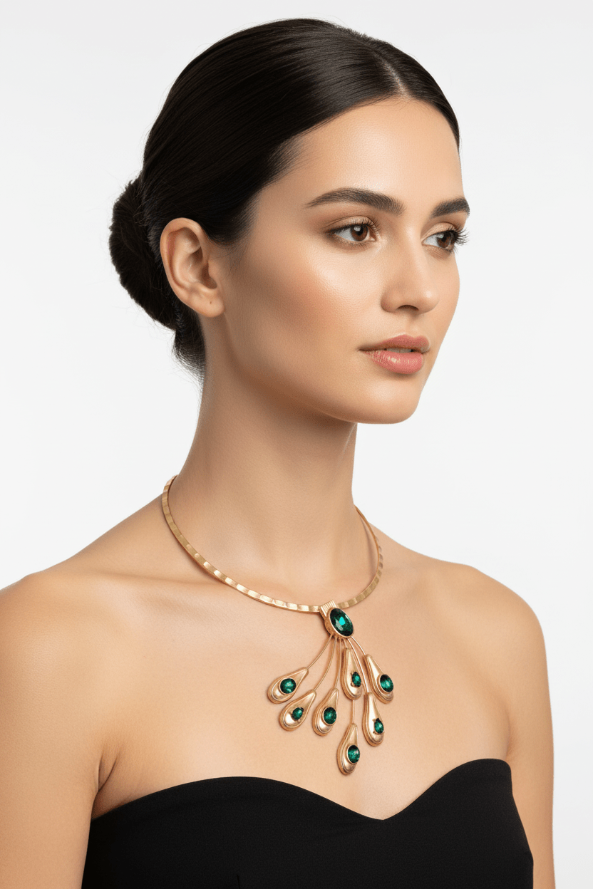 Matte Gold Tone and Green Gem Peacock Tail Necklace - Reed House of Jewels