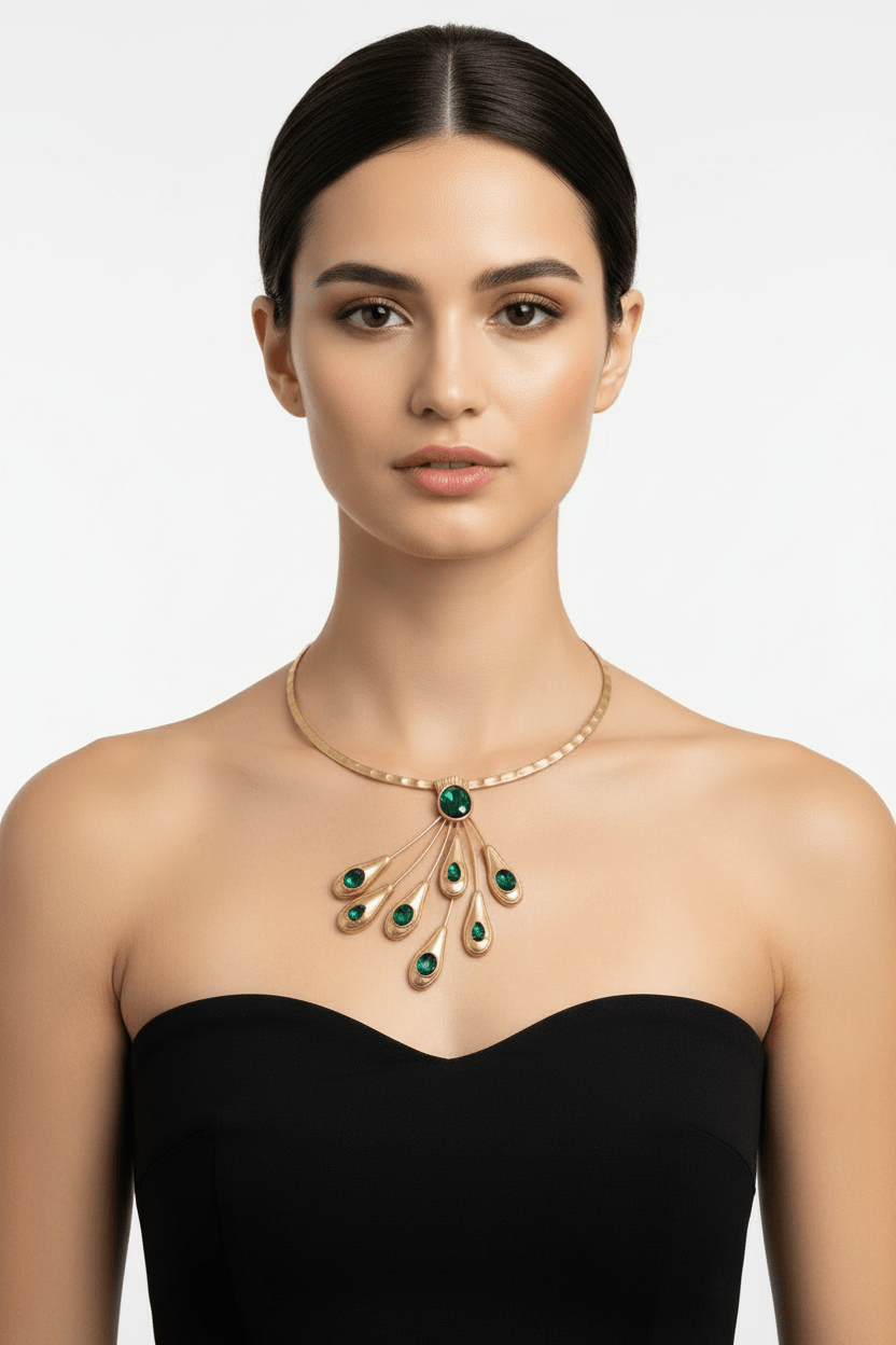 Matte Gold Tone and Green Gem Peacock Tail Necklace - Reed House of Jewels