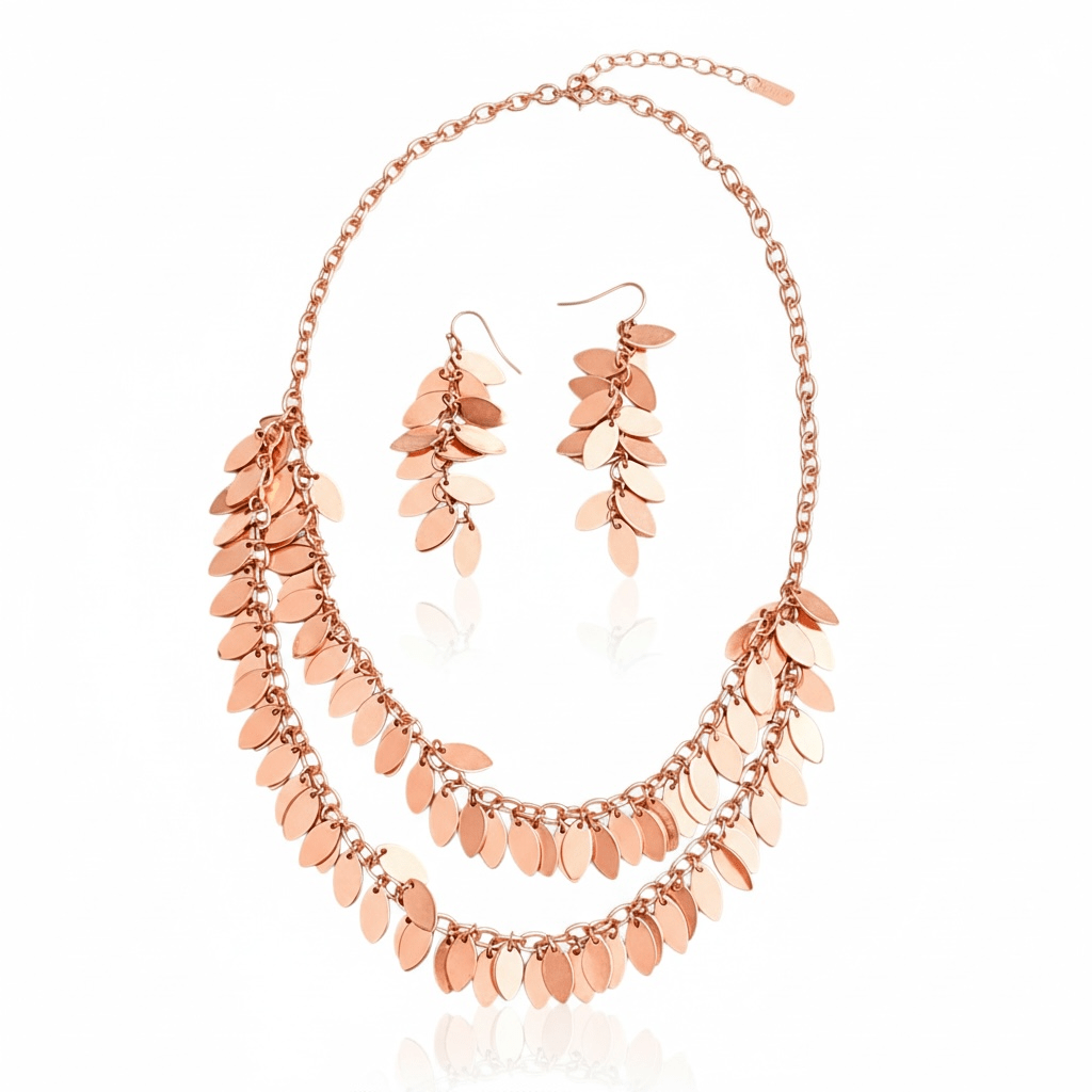 Rose Gold Cascading Petals Layered Necklace and Earrings Set - Reed House of Jewels