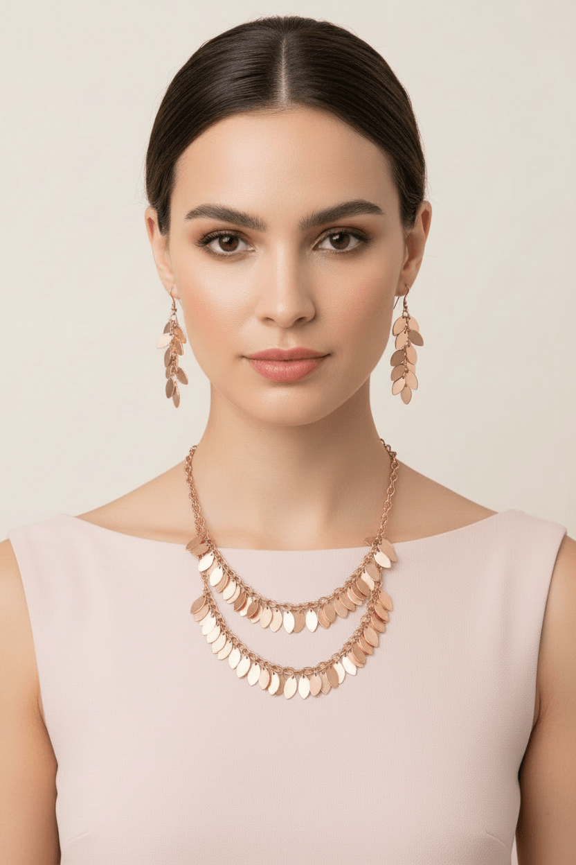 Rose Gold Cascading Petals Layered Necklace and Earrings Set - Reed House of Jewels