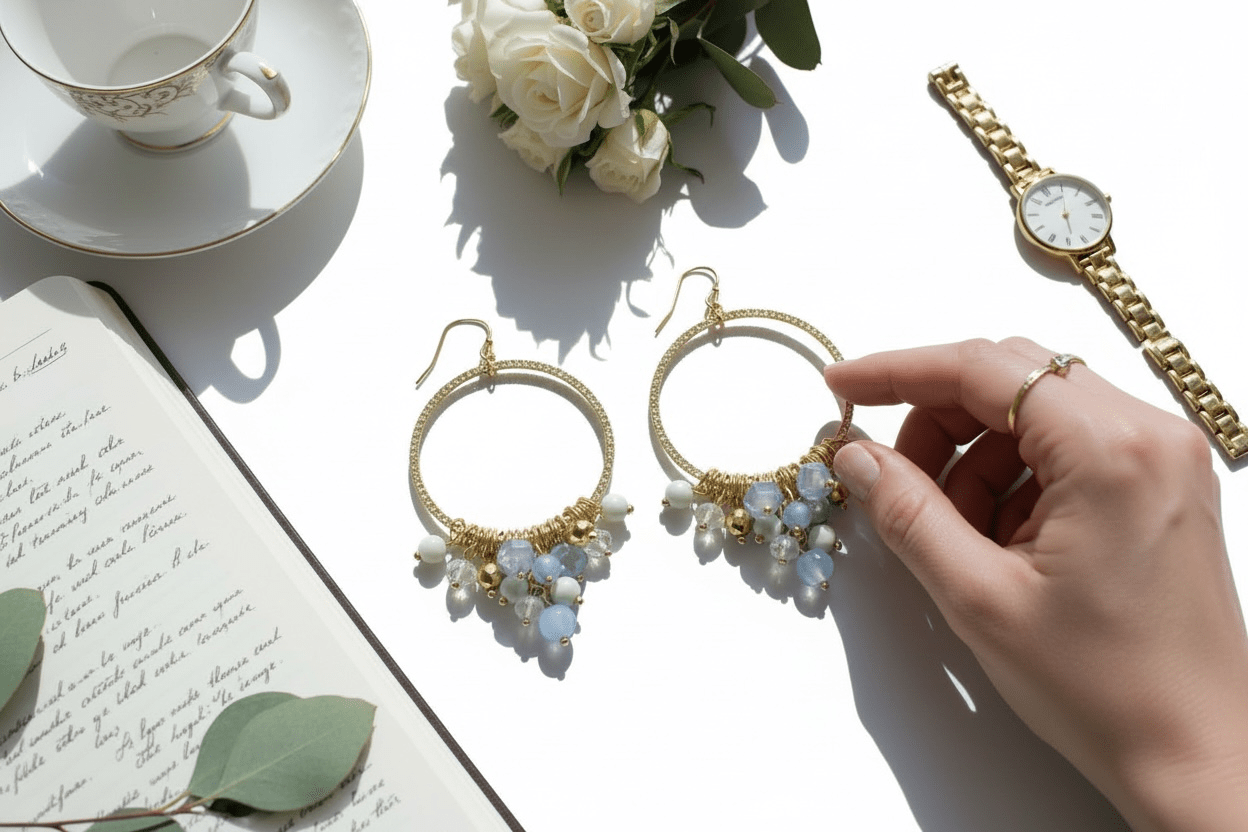 Light Blue and Crystal Drop Hoops - Reed House of Jewels