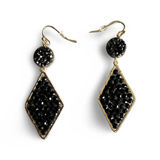 Jet Black Crystals and Gold Tone Earrings