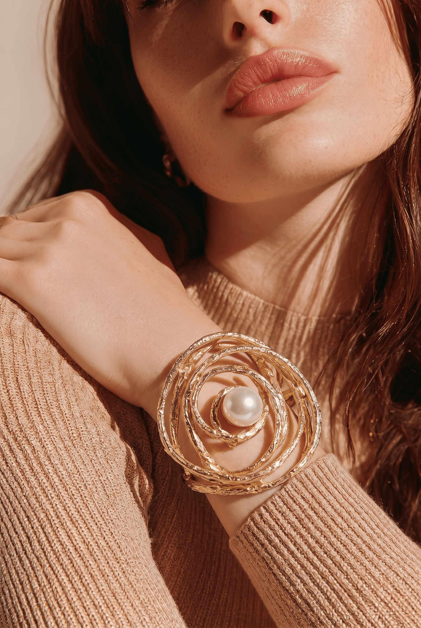 Pearl Accent Oversize Textured Whirl Hinged Gold Tone Bangle Bracelet - Reed House of Jewels