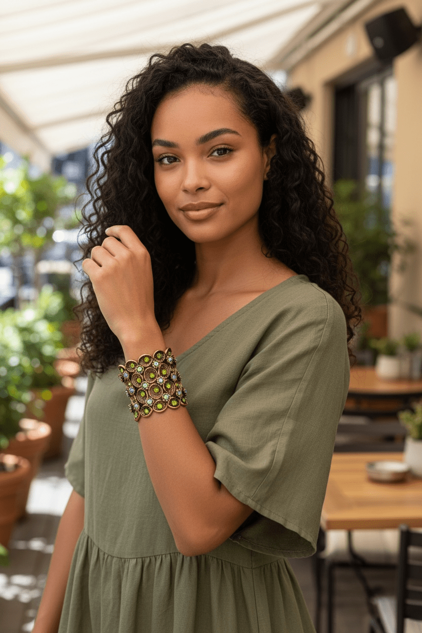 Gold/Green Crystal Cluster Stretch Vintage Inspired Bracelet - Reed House of Jewels