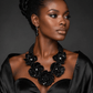 Black Flower Layered Pearl Statement Bib Necklace and Earring Set - Reed House of Jewels