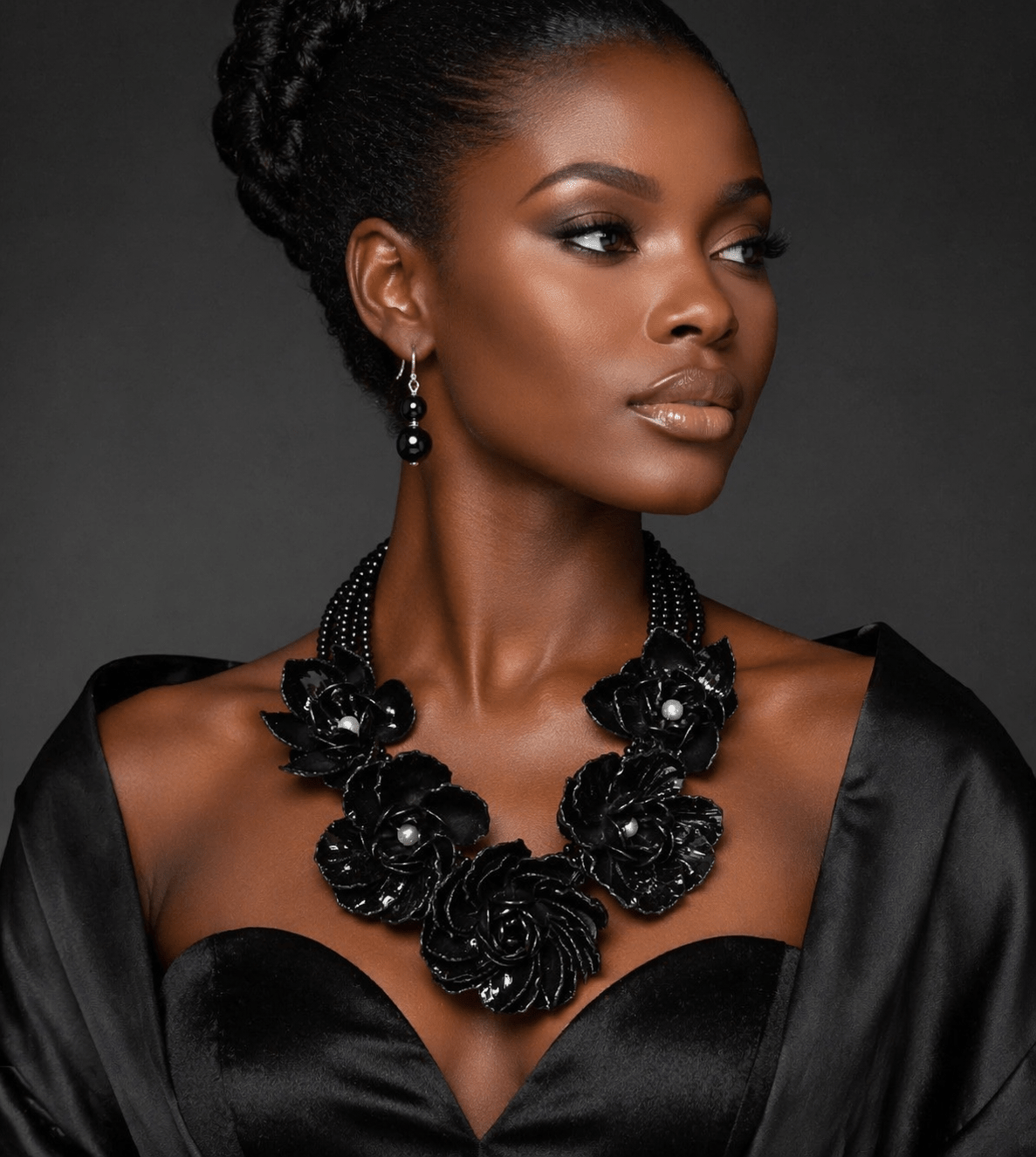 Black Flower Layered Pearl Statement Bib Necklace and Earring Set - Reed House of Jewels