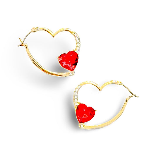 Red Stone Heart Hoops with Crystals Earrings - Reed House of Jewels